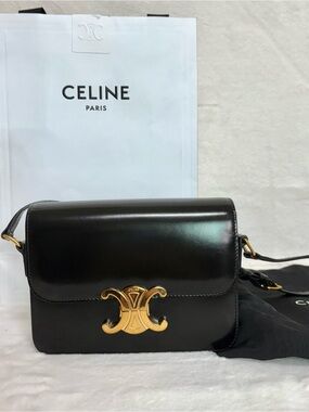Celine Black Leather Crossbody with Gold Triomphe Clasp